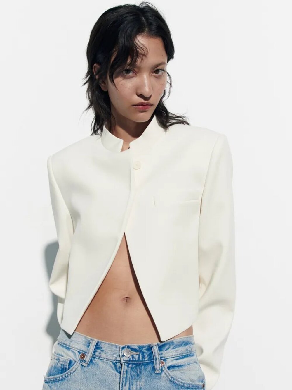 Zara Fitted Crop Blazer in Oyster Color, Mandarin Collar Slit Open 2 Button